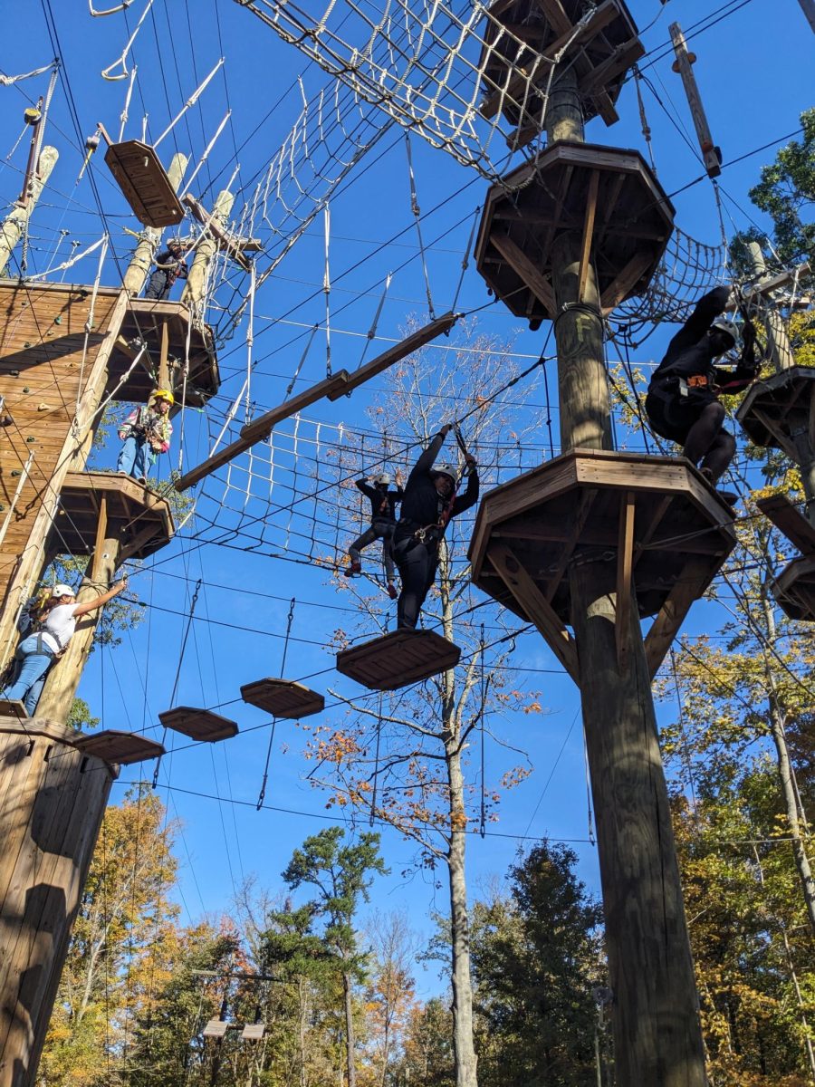 Members of Adventure Crew climbing to new heights on an obstacle course.